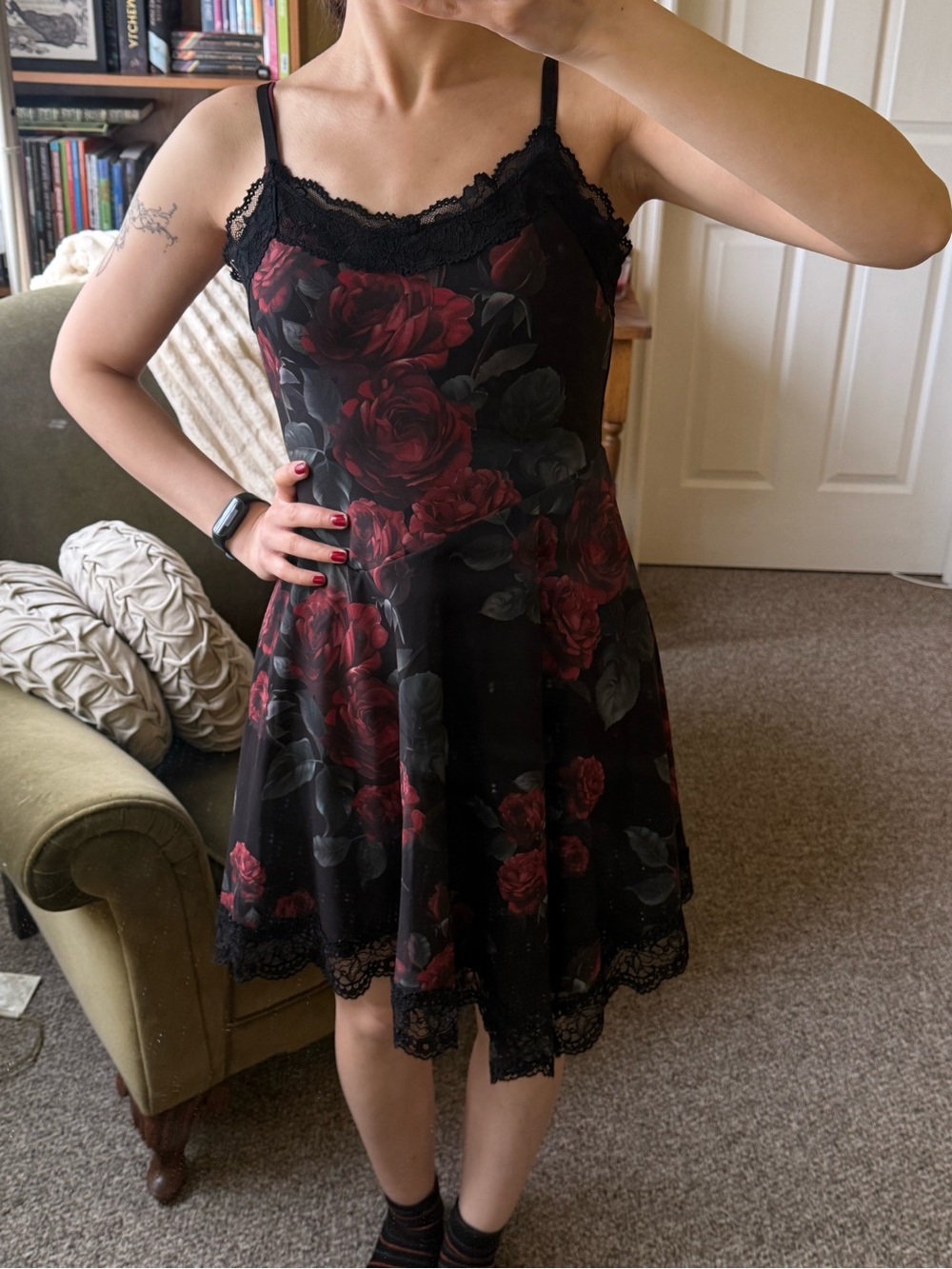Romwe Black Floral Lace-Trim Asymmetrical Hem Dress